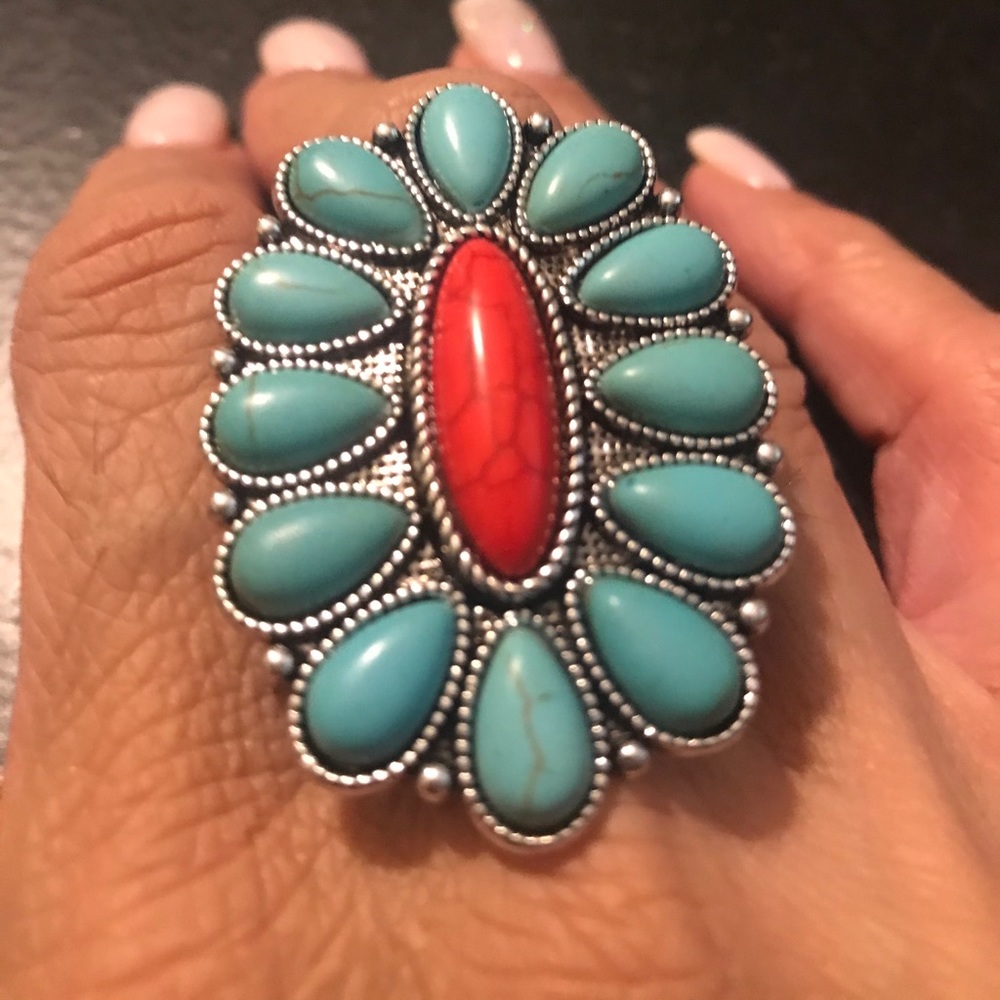 Oversized Torquoise & Red Squash Blossom Ring